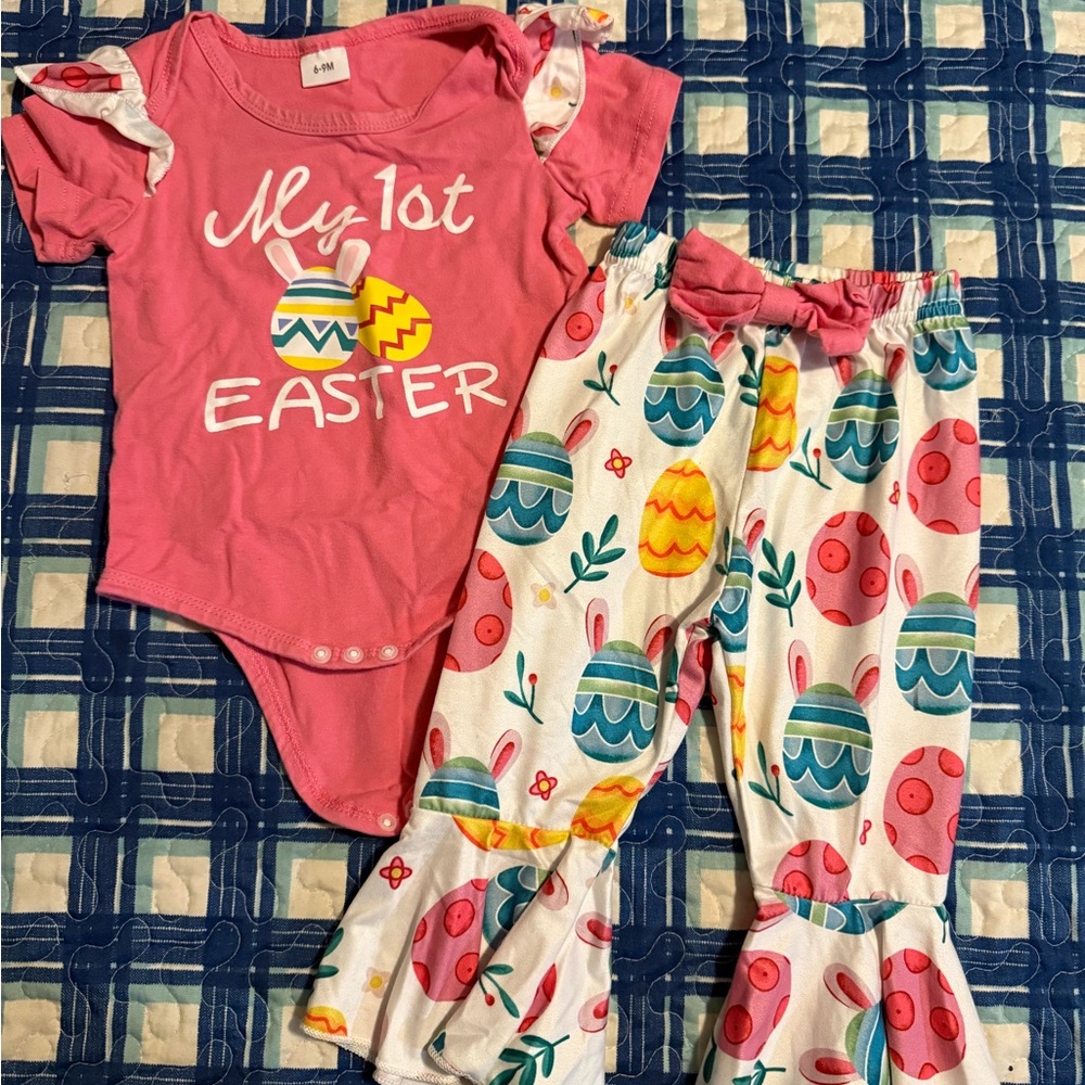 Pink Easter Onesie and Egg Print Pants Set
